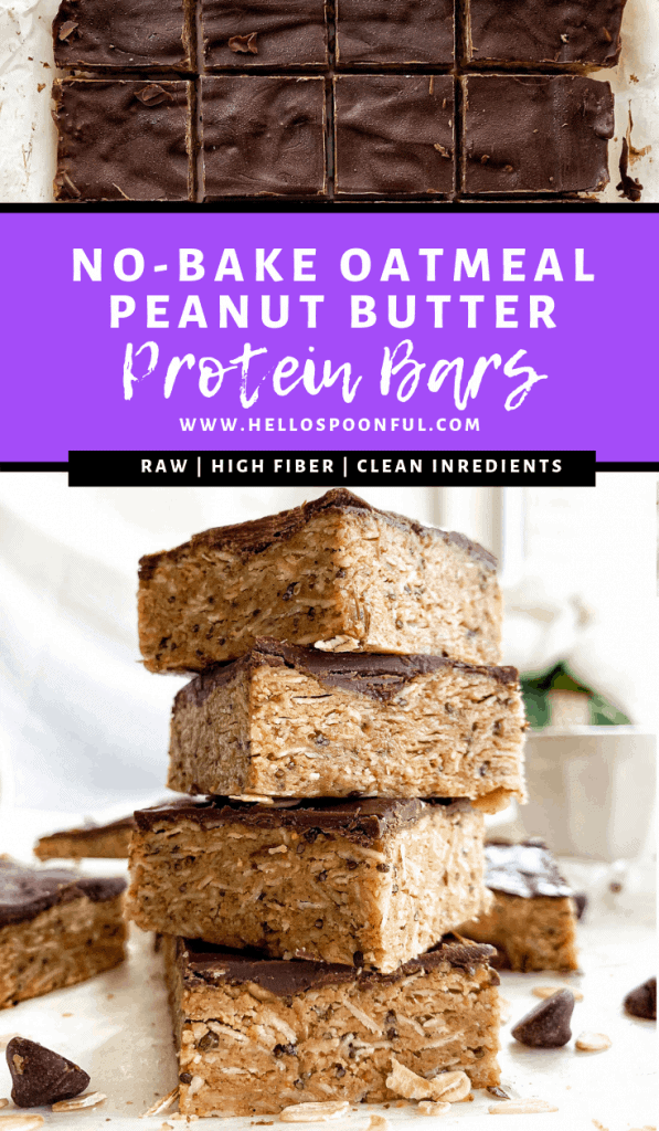 Healthy no-bake peanut butter oatmeal protein bars are packed with fiber, protein, and healthy fats to keep you full and satisfied. Using less than ten clean ingredients, the pickiest of eaters won't even realize these protein bars are healthy! Indulge your sweet tooth while nourishing your body at the same time. #proteinbars #nobake #healthyrecipes No Bake Peanut Butter Oatmeal Protein Bars