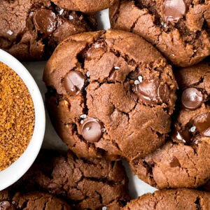top shot of baked chocolate chip cookies with no flour