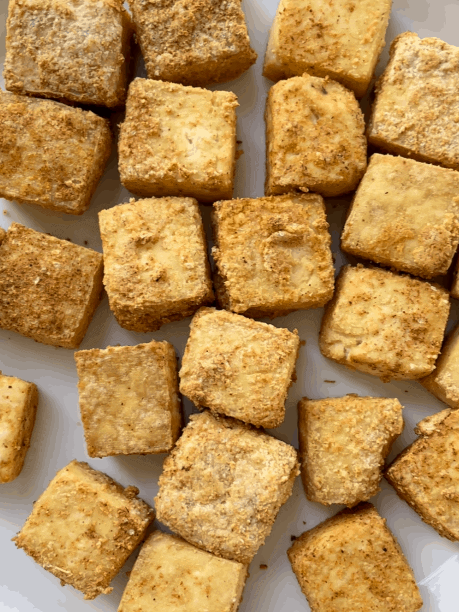close up of crispy air fryer tofu squares