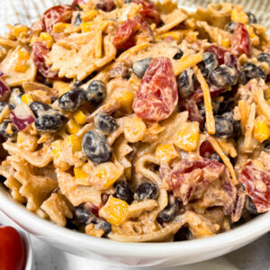 side view of healthy taco pasta salad with yogurt