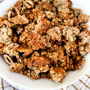 homemade protein granola in a white bowl