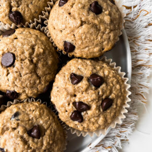 top view of a plate of oatmeal chocolate chip muffins still in the liners