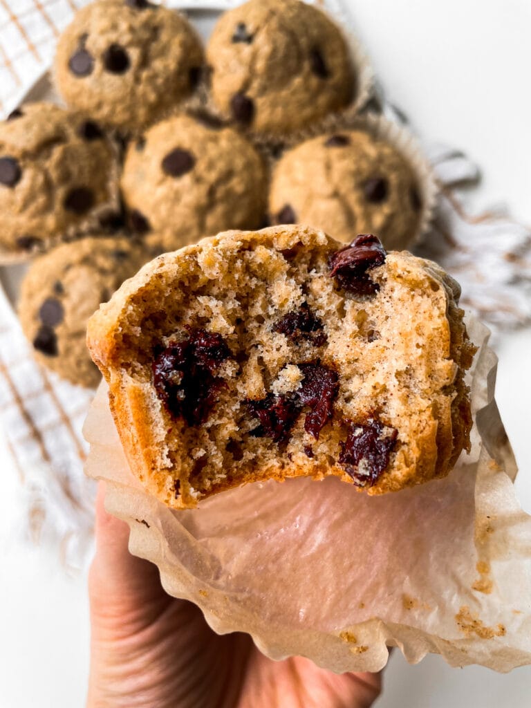 holding an oatmeal chocolate chip muffin with a bite taken out