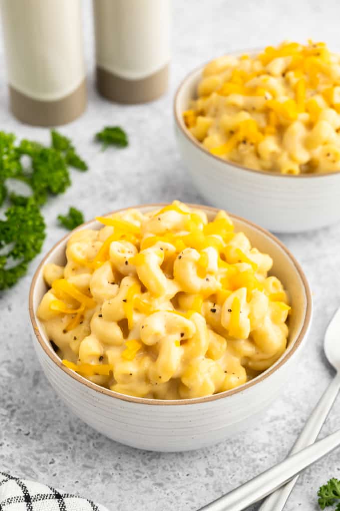 two bowls of high protein mac and cheese.