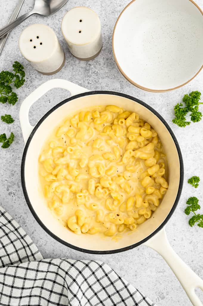 High protein cottage cheese mac and cheese in a large pot.