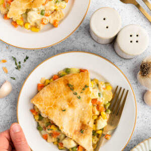 Holding a plate of healthy chicken pot pie.